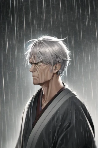 cheveux courts, en colère, Chef-d'œuvre, homme âgé, kimono, pluie